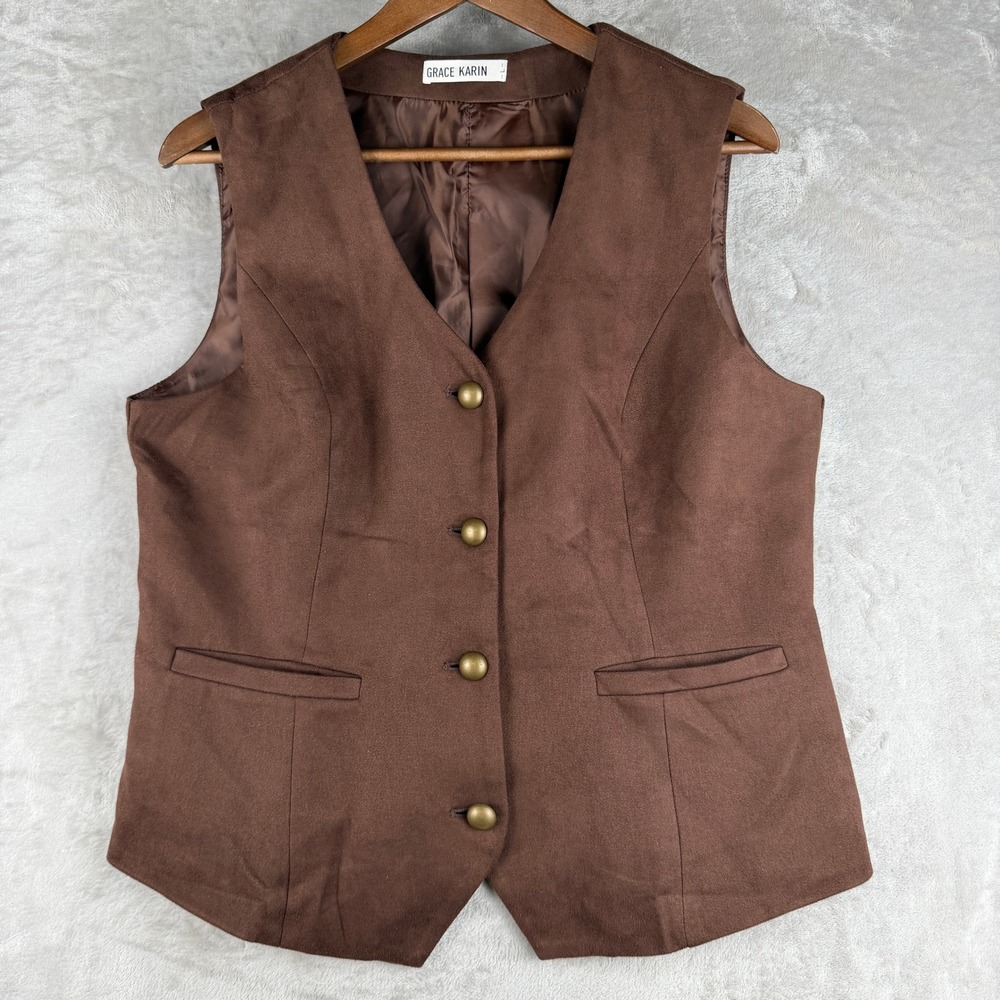 Grace Karin Brown Faux Suede Waistcoat Vest V-Neck Button Front Tailored Large